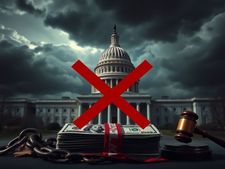 Flick International Dramatic depiction of Congress with an imposing red 'X' over a stack of money, symbolizing funding resistance