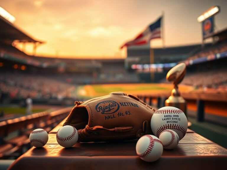 Flick International Close-up of a well-worn baseball glove on a wooden bench in a dimly lit stadium, symbolizing the legacy of Hall of Famers Carlos Beltran and Andruw Jones.