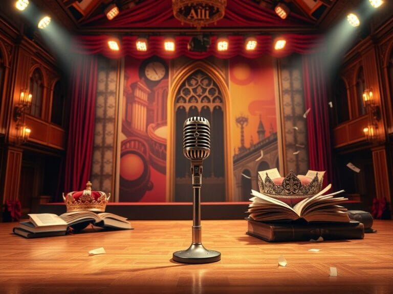 Flick International A majestic Broadway stage set for a musical performance featuring a microphone and Tudor architectural backdrops