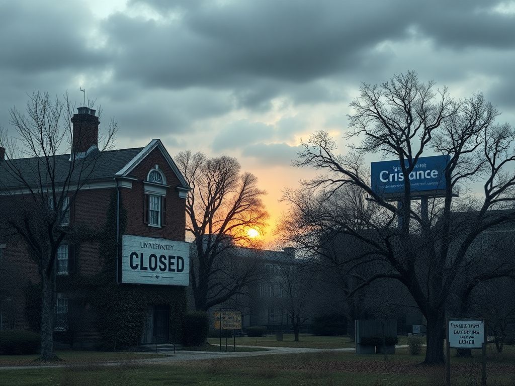 Flick International A dimly lit college campus with a closed sign and creeping ivy, symbolizing economic uncertainty in higher education.