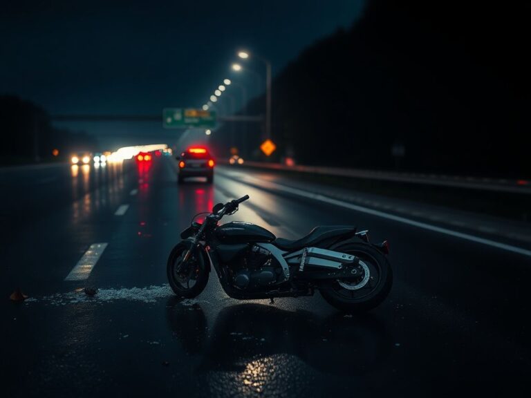 Flick International Nighttime scene of a Tennessee interstate with a motorcycle on its side and debris from a crash
