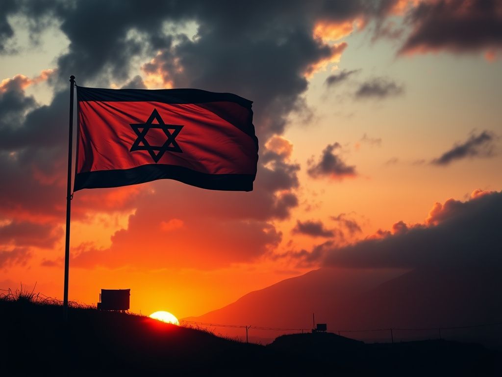 Flick International Silhouette of a military installation with an Israeli flag at sunset