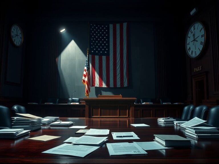 Flick International Dimly lit congressional chamber with an empty witness stand and American flag, symbolizing political tension