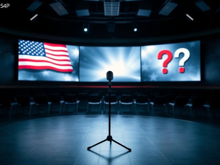 Flick International A somber television studio with a lone microphone symbolizing the emptiness of celebrity political aspirations