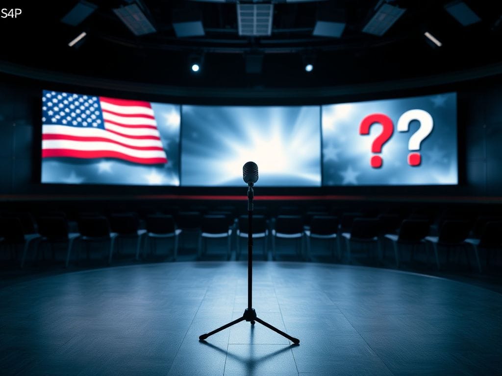 Flick International A somber television studio with a lone microphone symbolizing the emptiness of celebrity political aspirations