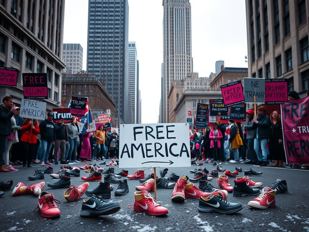 Flick International A city street during the 'Free America Walkout' featuring colorful protest signs and banners