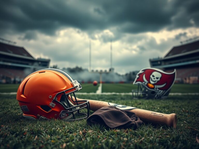 Flick International Dramatic football stadium scene under cloudy sky with Browns and Buccaneers helmets