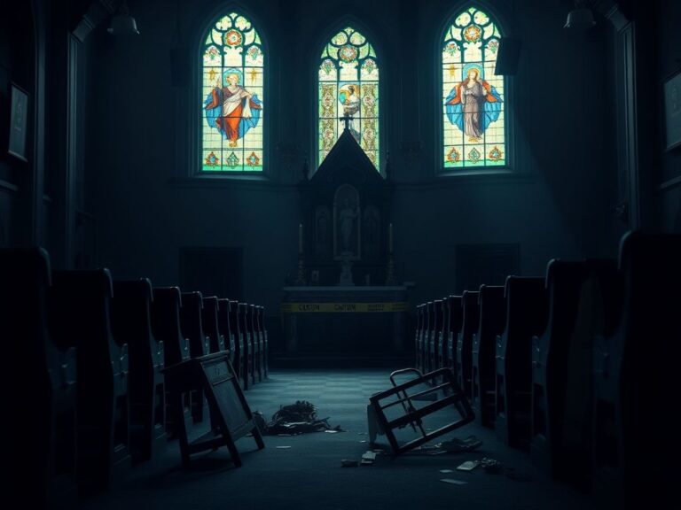 Flick International Dimly lit church interior with empty pews and ornate altar showing signs of chaos