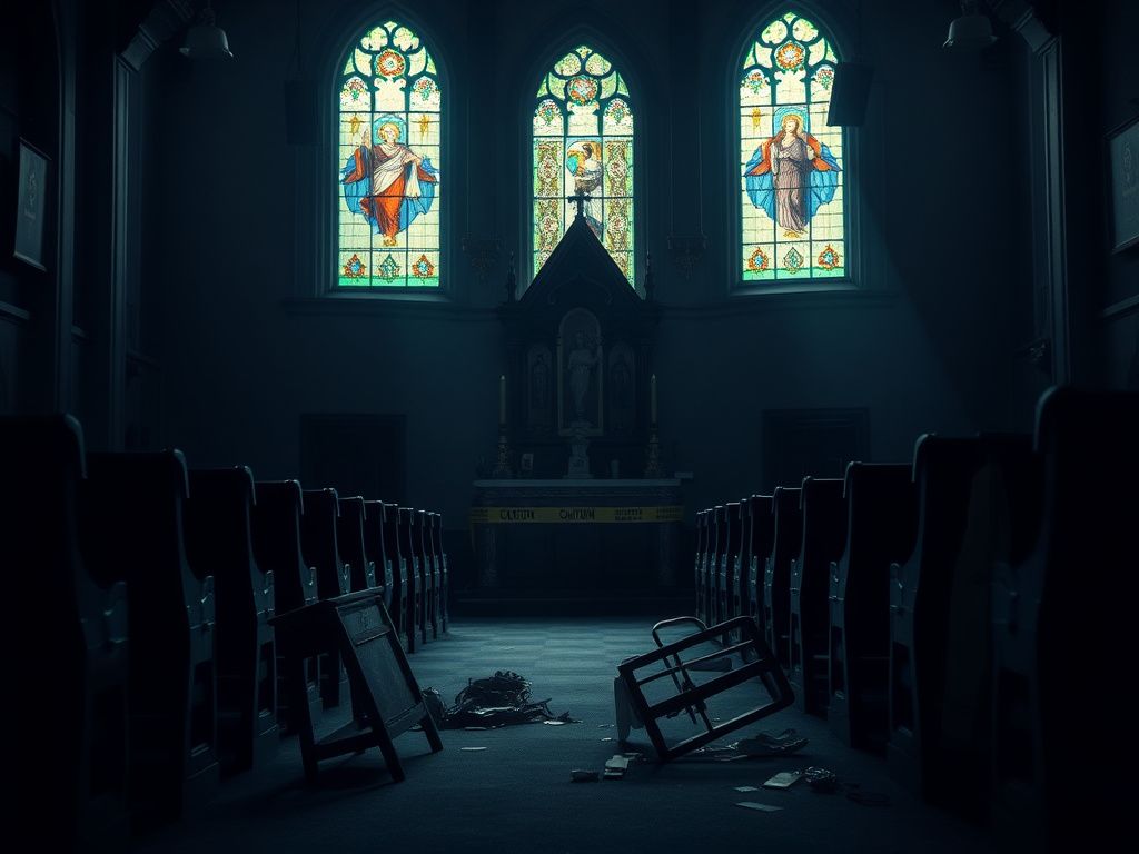 Flick International Dimly lit church interior with empty pews and ornate altar showing signs of chaos