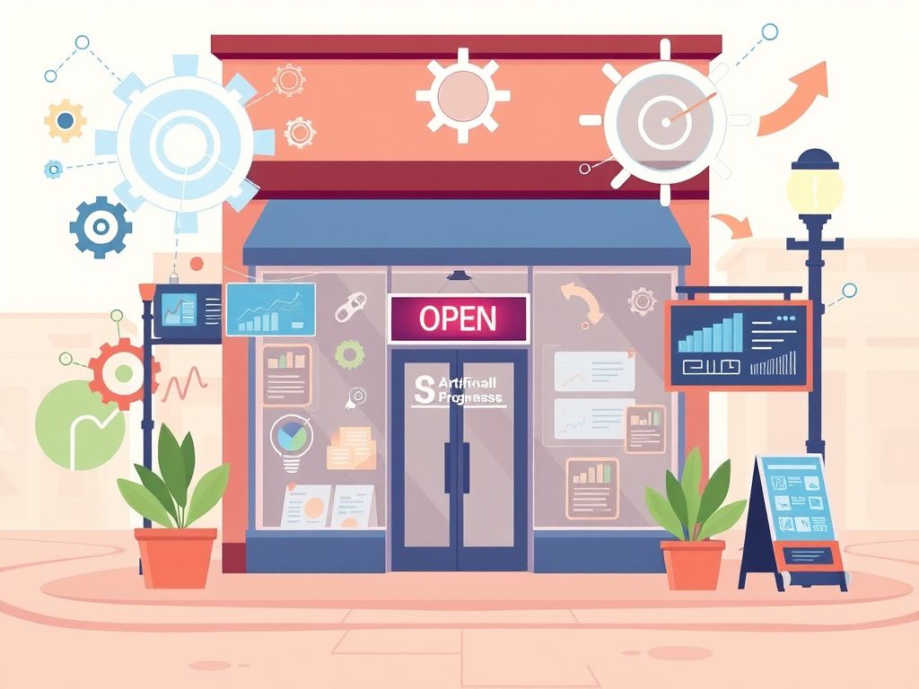 Flick International Illustration of a small business storefront with AI elements