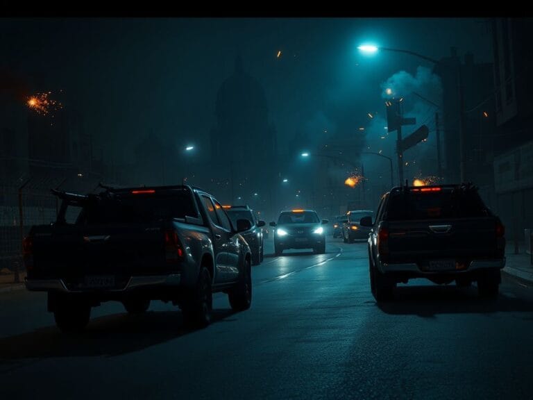 Flick International heavily armed Toyota pickup trucks with mounted machine guns in Tehran streets at night