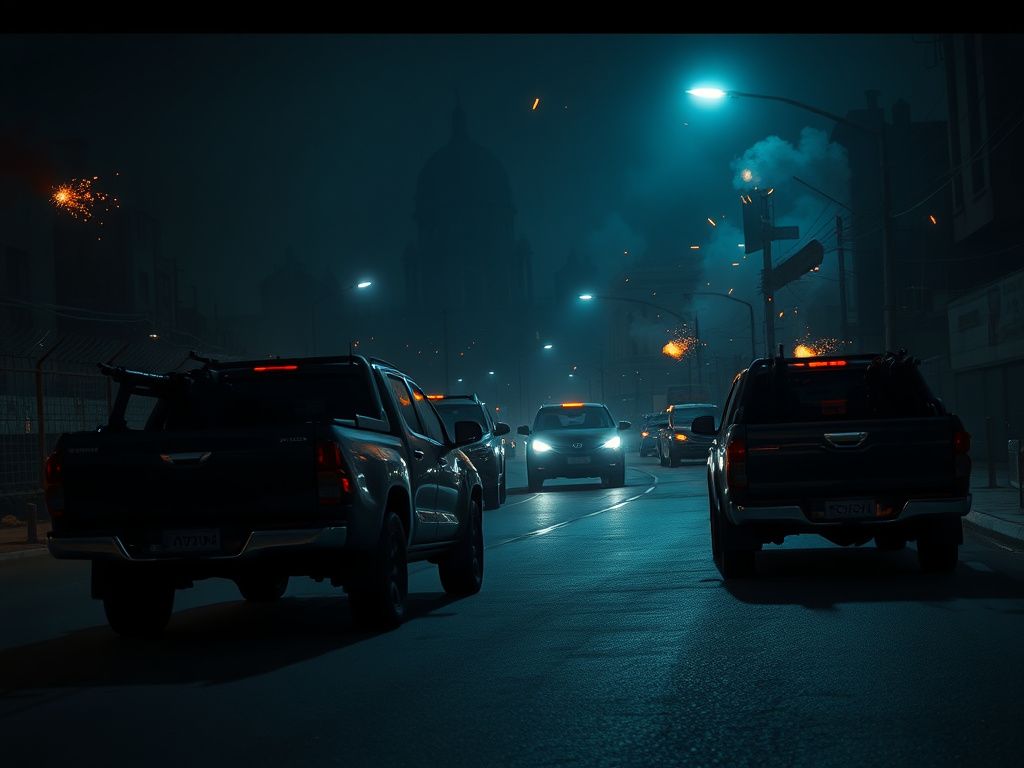 Flick International heavily armed Toyota pickup trucks with mounted machine guns in Tehran streets at night