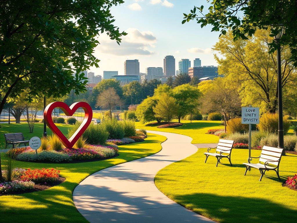 Flick International A serene urban landscape of Olympia, Washington, with a vibrant city park showcasing lush greenery and diverse symbolic representations of relationships.