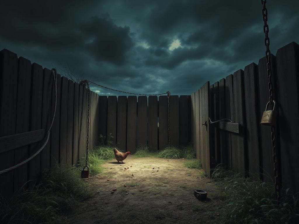 Flick International Dimly lit abandoned chicken pen illustrating neglect and confinement