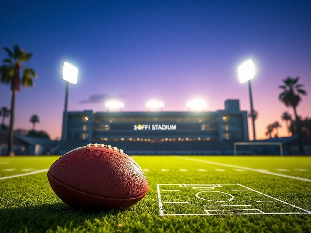 Flick International Twilight scene at SoFi Stadium with a football and play diagram