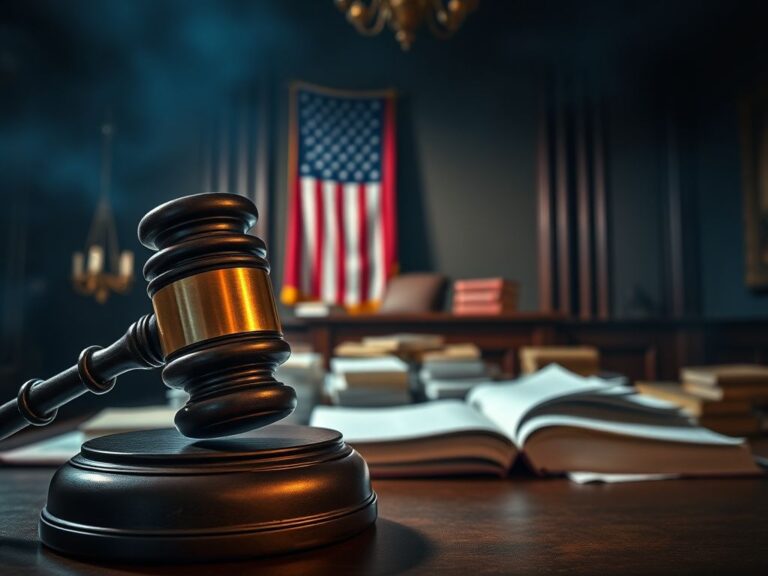 Flick International A dramatic courtroom scene with a prominent judge's gavel symbolizing authority and justice