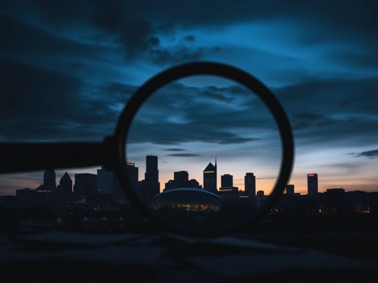 Flick International Dramatic skyline of Minneapolis at dusk with iconic landmarks under scrutiny