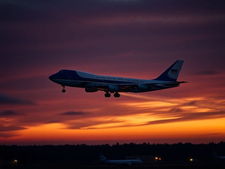 Flick International Air Force One flying back over Joint Base Andrews at dusk