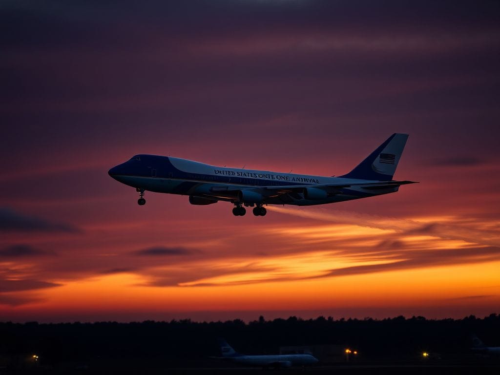 Flick International Air Force One flying back over Joint Base Andrews at dusk
