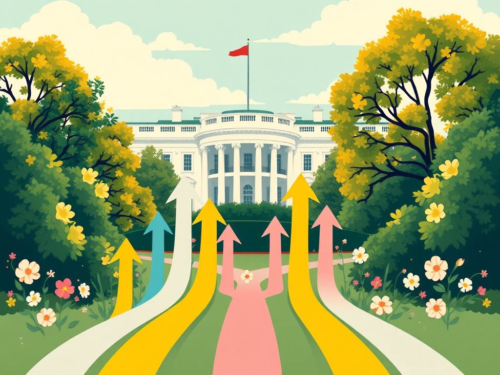 Flick International Stylized depiction of the White House surrounded by trees and flowers symbolizing women's leadership