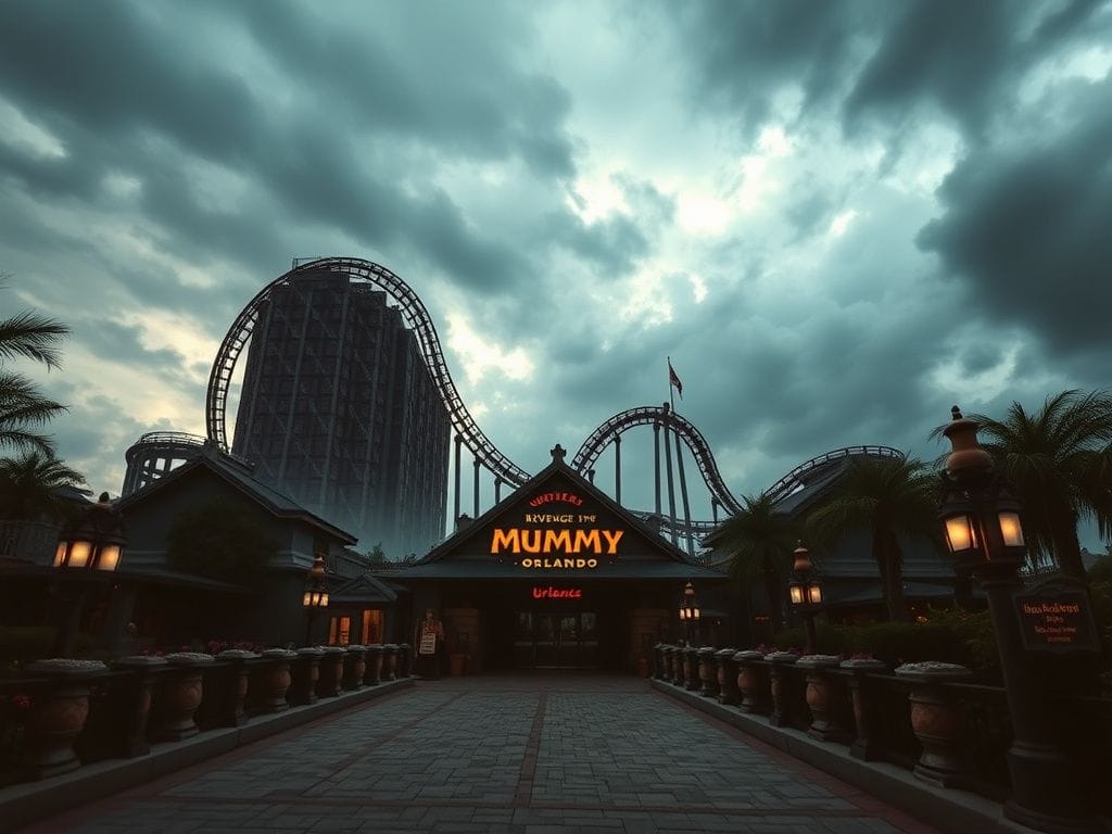 Flick International Somber scene of the Revenge of the Mummy roller coaster with dark clouds overhead