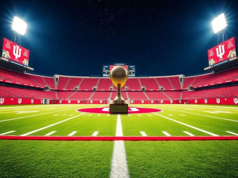 Flick International An empty trophy on a pedestal at a football field lit up by stadium lights, symbolizing victory.
