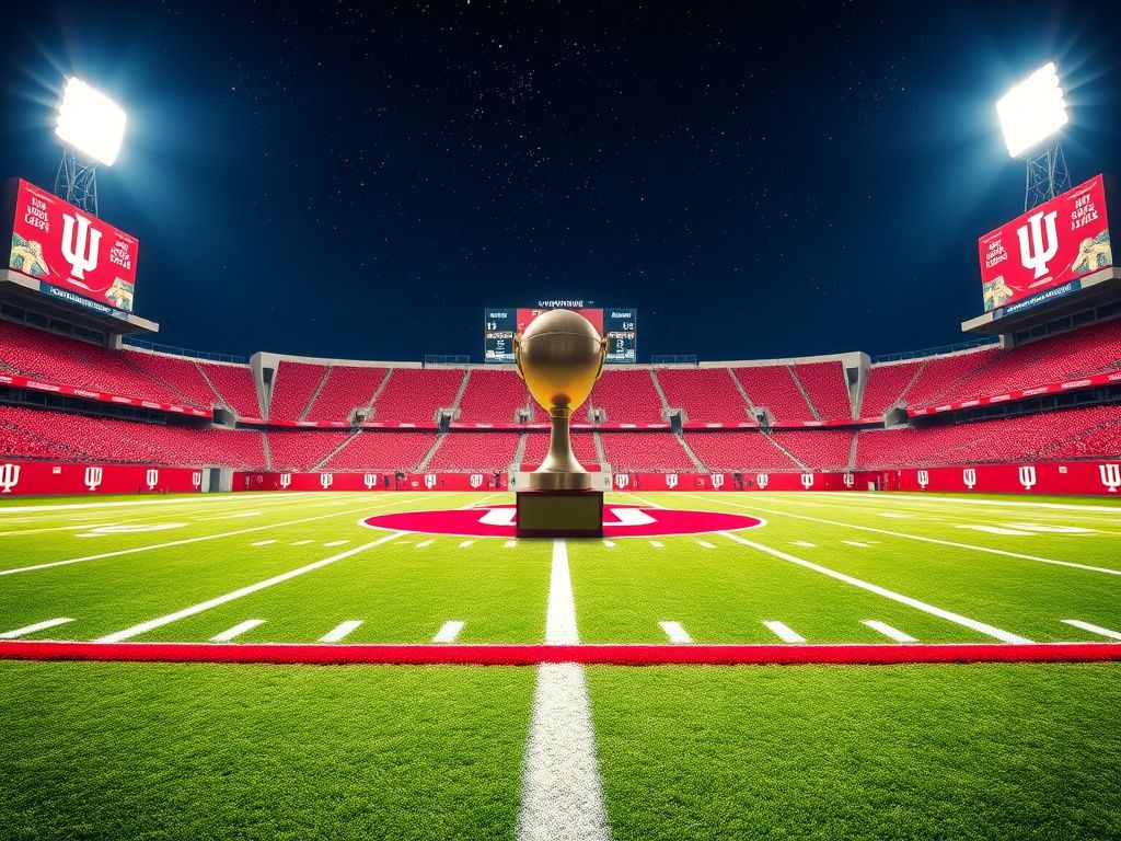 Flick International An empty trophy on a pedestal at a football field lit up by stadium lights, symbolizing victory.