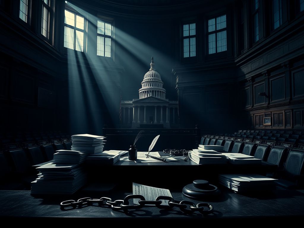 Flick International Dramatic scene of an empty congressional chamber with rays of light, symbolizing political authority