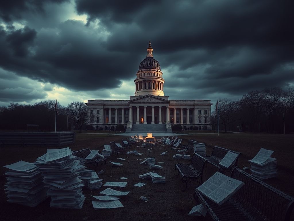 Flick International A somber depiction of the Minnesota state capital building amidst a crisis atmosphere