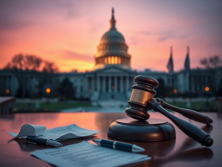 Flick International Somber U.S. Capitol building at dusk with wooden gavel and subpoena papers