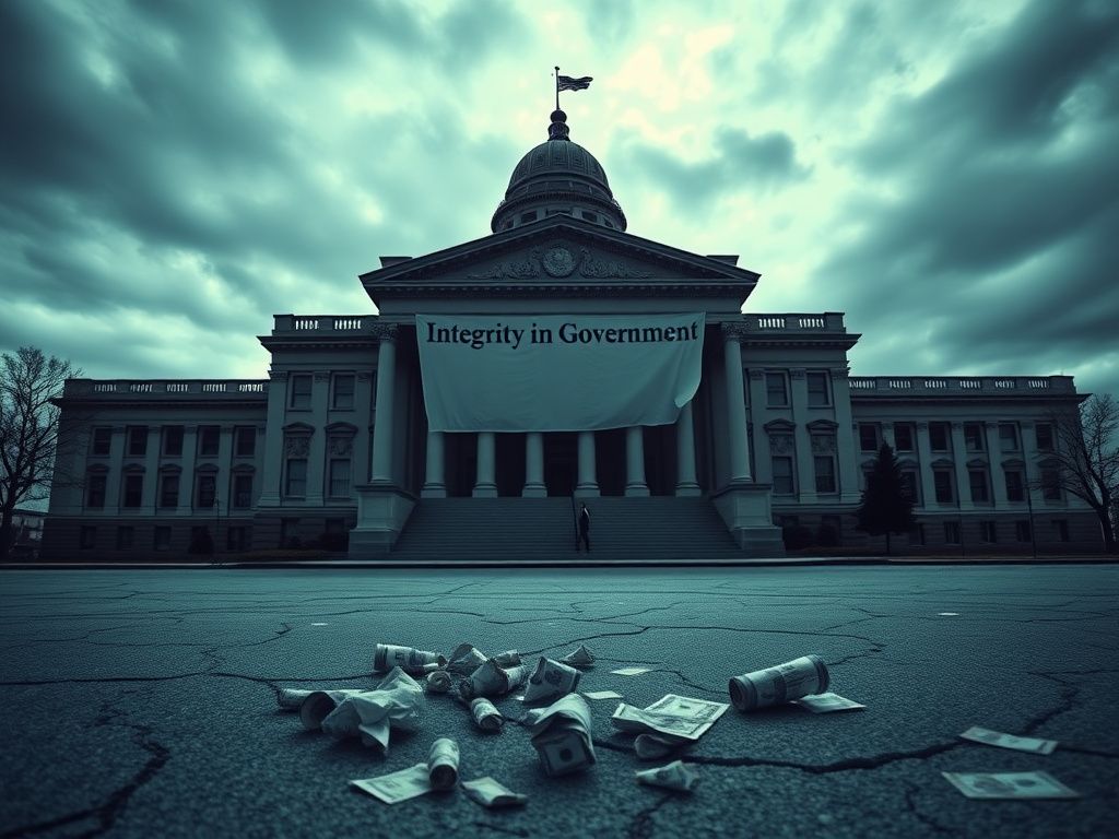 Flick International A stark government building under a cloudy sky, symbolizing benefit fraud issues