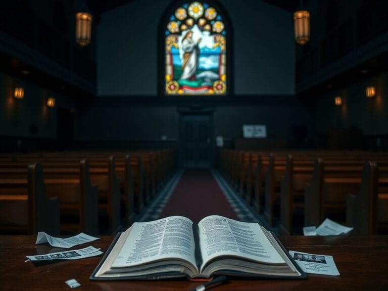 Flick International Interior view of an empty church with stained glass window and open Bible