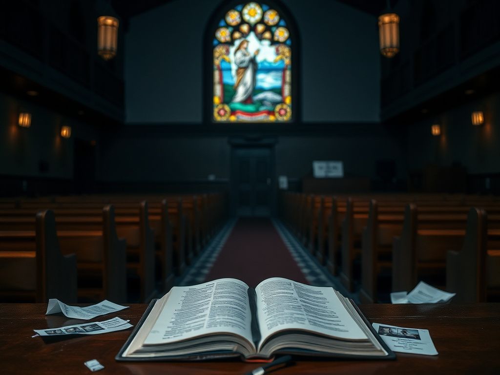Flick International Interior view of an empty church with stained glass window and open Bible