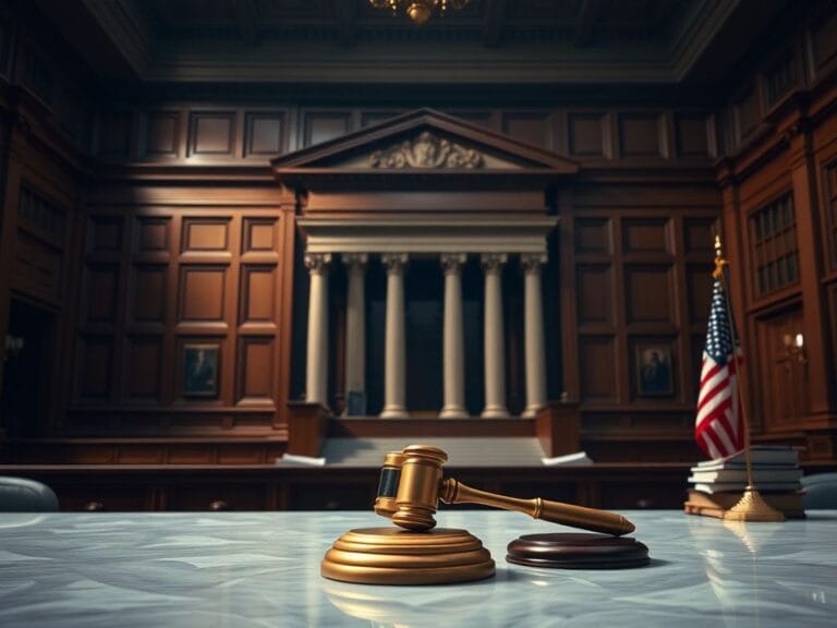 Flick International Dramatic courtroom interior emphasizing a wooden bench and a golden gavel