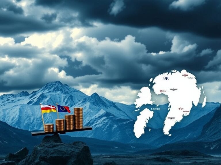 Flick International Dramatic landscape of the Davos mountains under a stormy sky with trade scales and symbols of tariffs.