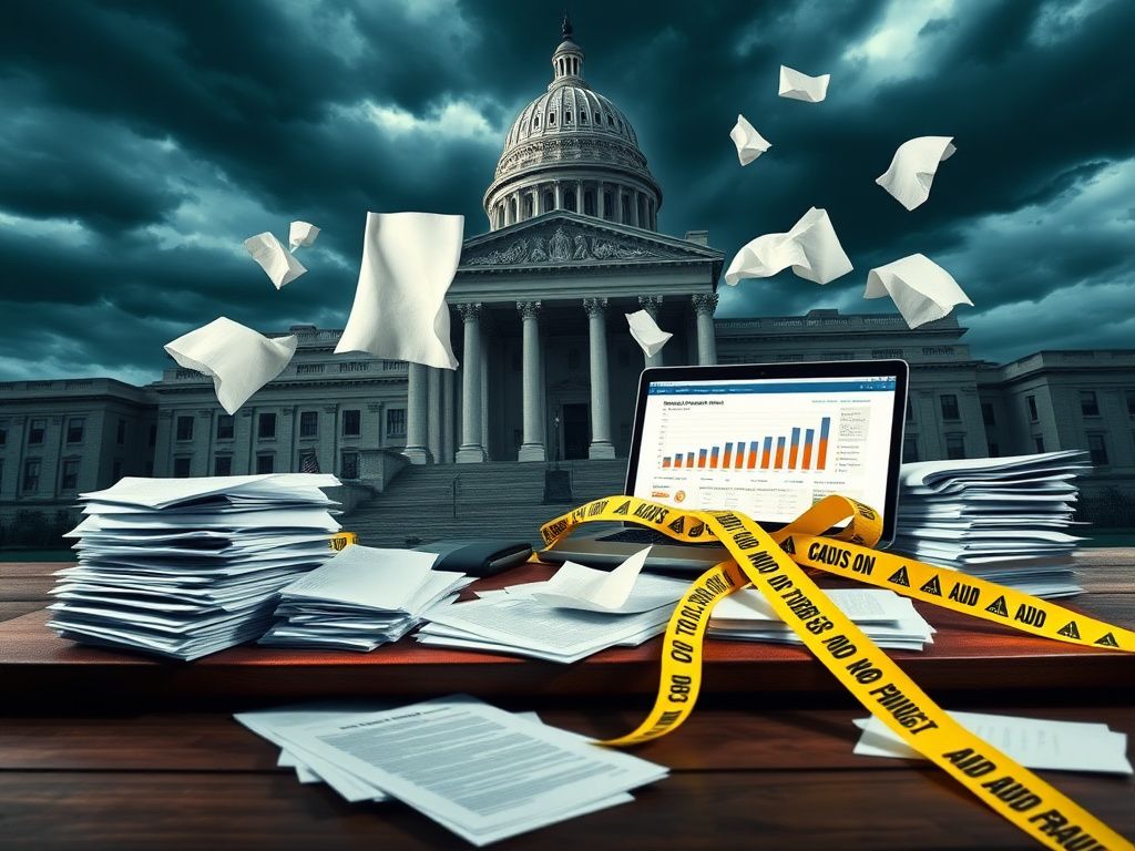 Flick International Conceptual representation of the Department of Education amidst stormy skies symbolizing scrutiny and financial aid fraud.