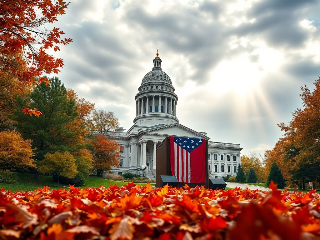 Flick International A scenic view of the Minnesota state capitol building surrounded by colorful fall landscapes and an empty podium with a Republican flag