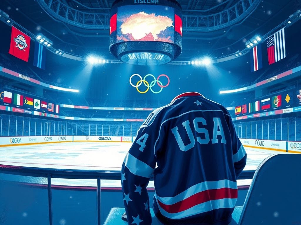 Flick International A dynamic ice hockey rink with a USA jersey draped over a bench, symbolizing Olympic pride.