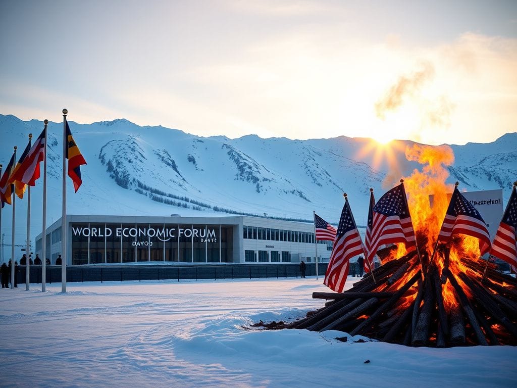 Flick International Panoramic view of the World Economic Forum venue in Davos, Switzerland with flags and a bonfire