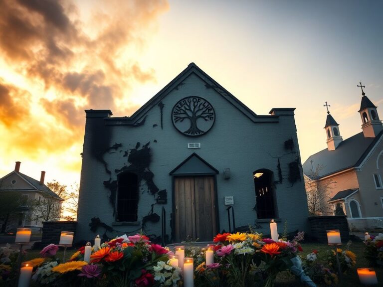Flick International Exterior of charred Beth Israel synagogue after fire damage with community memorials