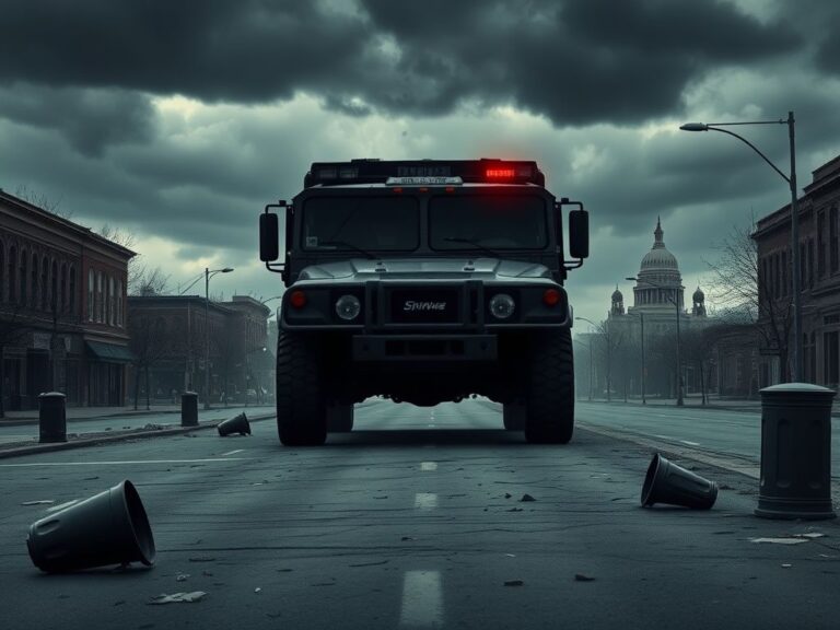 Flick International Deserted city street in Minnesota showing remnants of chaos with broken glass and overturned trash cans.