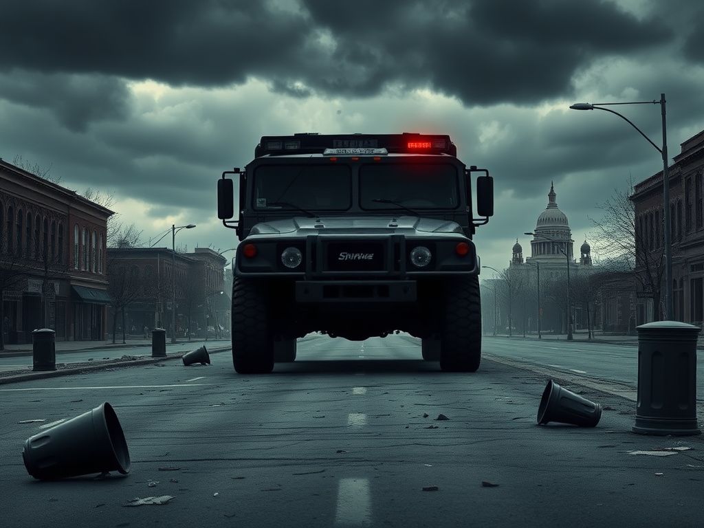 Flick International Deserted city street in Minnesota showing remnants of chaos with broken glass and overturned trash cans.