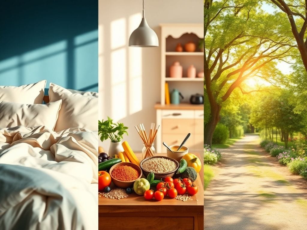 Flick International A serene still life showcasing a cozy bedroom representing improved sleep, a vibrant kitchen symbolizing a healthy diet, and an outdoor park promoting physical activity.