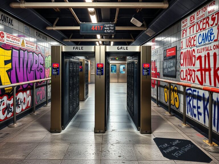 Flick International Close-up of NYC subway fare gates surrounded by graffiti art