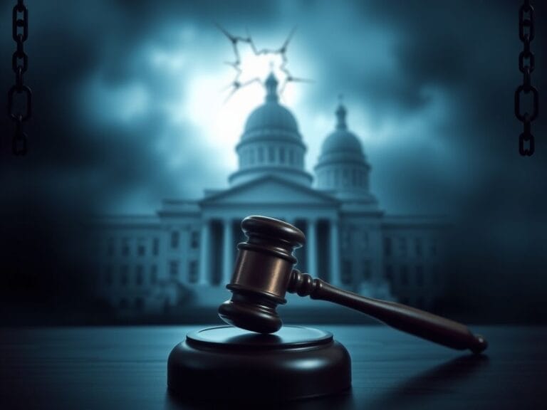 Flick International Abstract representation of a courtroom scene with a gavel symbolizing justice against a dark background