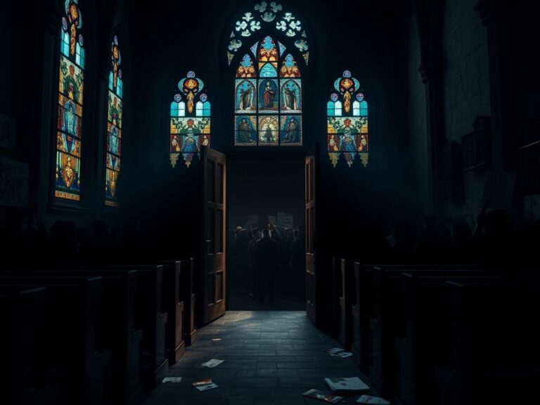 Flick International Somber interior of a church with stained glass windows and a chaotic crowd of protesters outside