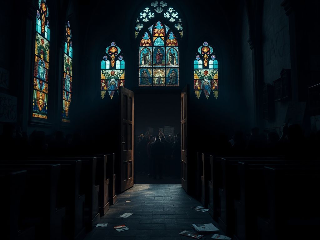 Flick International Somber interior of a church with stained glass windows and a chaotic crowd of protesters outside