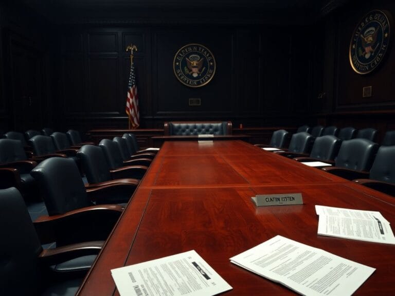 Flick International Empty U.S. Congress chamber with scattered documents related to Clintons and Epstein