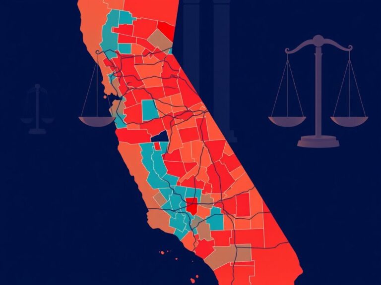 Flick International Detailed political map of California showcasing colorful congressional districts and complex boundaries