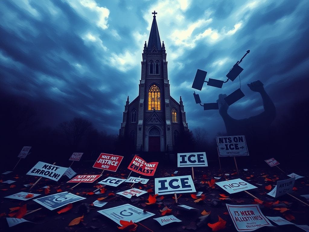 Flick International Abstract depiction of a church with spires and stained glass against tumultuous skies, symbolizing unrest